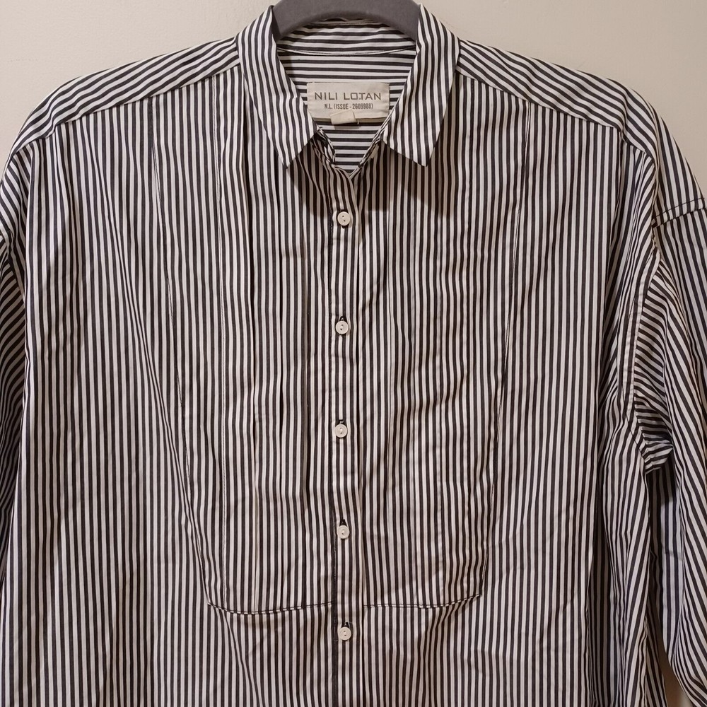 Nili Lotan 3/4 Sleeve Navy Blue Stripe Button Down Relaxed Boxy Fit Shirt XS - Picture 3 of 9